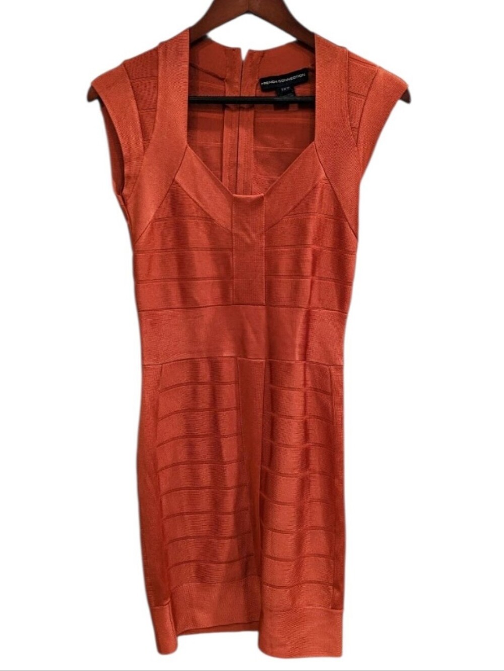 French Connection Miami Spotlight Burnt Orange Bandage Mini Bodycon Dress Sz 14 - Picture 3 of 7